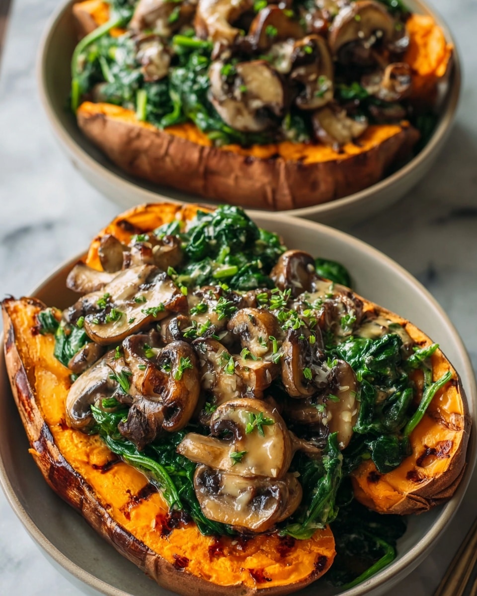 Two large white serving bowls filled with creamy sautéed mushrooms and fresh spinach, layered over whole roasted sweet potatoes with a smooth, vibrant orange flesh, garnished with finely chopped herbs, all arranged side by side on a white marble countertop, natural lighting highlighting the rich textures and colors, professional food magazine hero shot photo taken with an iphone --ar 4:5 --v 7