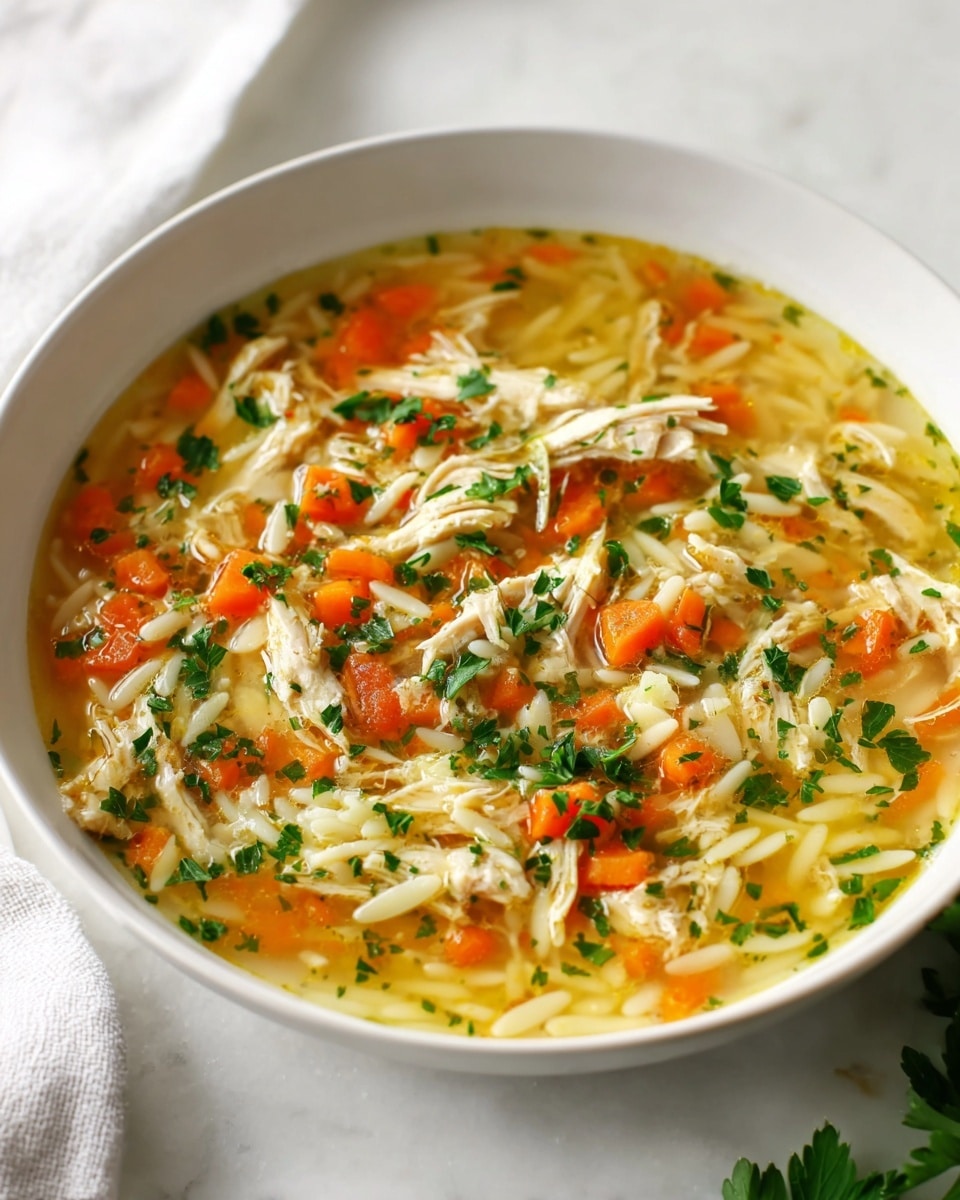 Large white serving bowl filled with whole homemade chicken soup featuring tender shredded chicken, vibrant diced carrots, and orzo pasta in a clear golden broth, garnished with freshly chopped parsley, shot from a 3/4 angle on a white marble countertop, bathed in soft natural light, styled like a hero shot from a food magazine, whole dish in frame photo taken with an iphone --ar 4:5 --v 7
