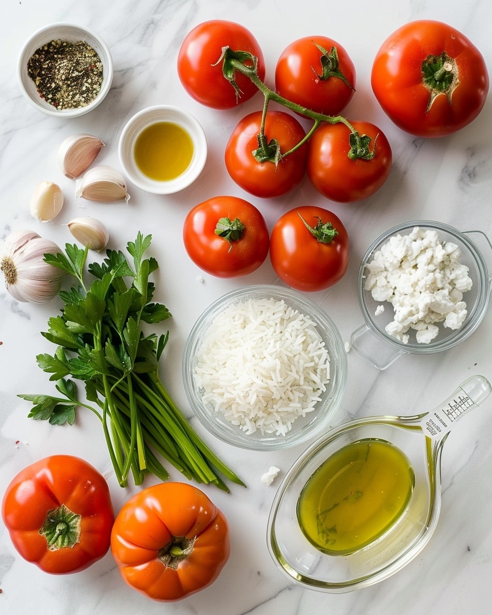 Single white plate featuring one hollowed red tomato filled generously with creamy pesto rice mixed with herbs and soft cheese, topped with sun-dried tomato pieces and a fresh basil leaf for garnish, close-up angled shot revealing the moist, textured grains of rice and vibrant tomato interior, placed on white marble surface with natural lighting, styled as a ready-to-eat plated serving from a food blog, photo taken with an iphone --ar 4:5 --v 7