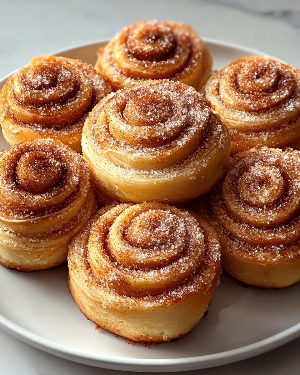 White round plate filled with a full dozen golden cinnamon sugar cinnamon rolls, each one perfectly swirled and coated with a sparkling layer of cinnamon and sugar crystals, arranged neatly in a circular pattern, with a slightly crisp outer edge and soft, fluffy layers visible, whole dish photographed from a 3/4 angle on a white marble countertop, natural lighting highlighting the texture and color, professional food styling photo taken with an iphone --ar 4:5 --v 7