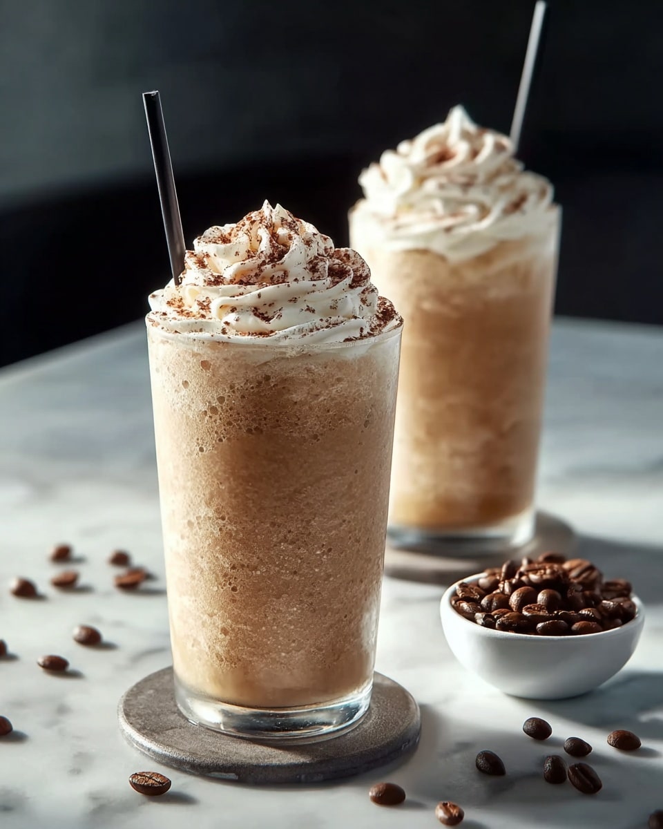 Two tall clear white glasses filled with full servings of creamy coffee frappé topped generously with swirls of whipped cream and dusted with cocoa powder, each with a black straw, accompanied by a small white bowl filled with whole coffee beans, whole drinks showcased on white marble countertop with natural lighting, professional food styling photo taken with an iphone --ar 4:5 --v 7