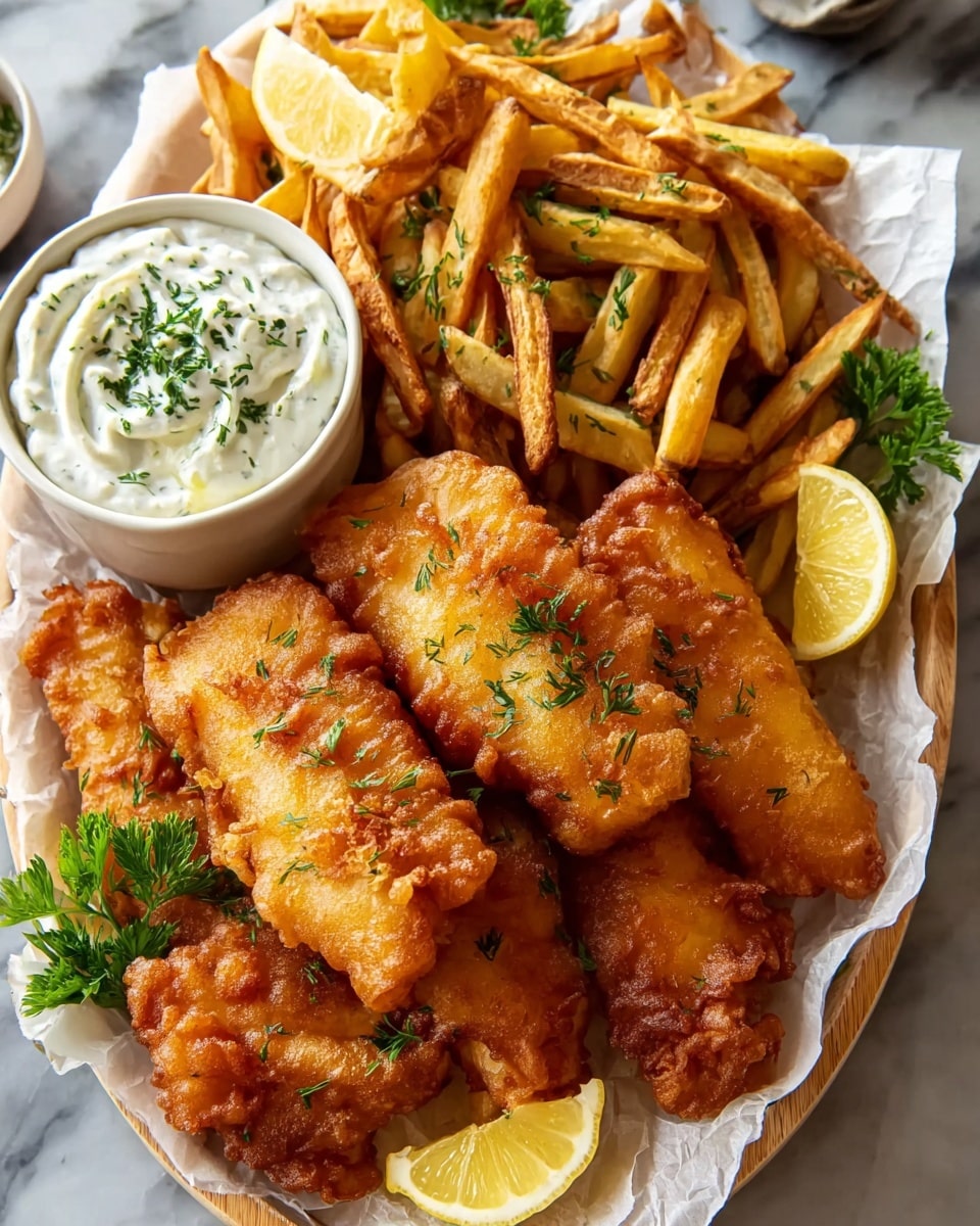 Large white oval serving platter filled with golden-brown battered fried fish fillets arranged neatly, surrounded by a generous heap of crispy thick-cut fries, with lemon wedges placed around the dish, and a small white bowl of creamy tartar sauce garnished with chopped herbs, all presented on white parchment paper over the platter, photographed from a 3/4 angle on a white marble background with natural lighting, professional food styling photo taken with an iphone --ar 4:5 --v 7