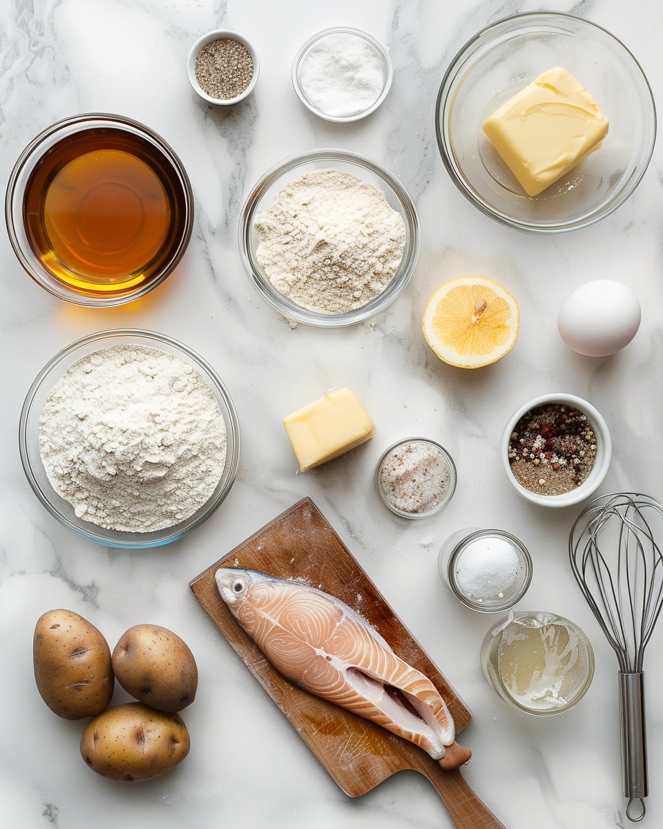 Single white plate featuring one golden, crispy battered fish fillet with a visible flaky interior texture, accompanied by a small handful of thick-cut fries sprinkled with fresh parsley, a wedge of bright yellow lemon on the side, and a small white ramekin of creamy tartar sauce garnished with finely chopped herbs, all arranged on a white marble surface with natural lighting highlighting the crunchy exterior and tender fish inside, intimate plated serving photo taken with an iphone --ar 4:5 --v 7