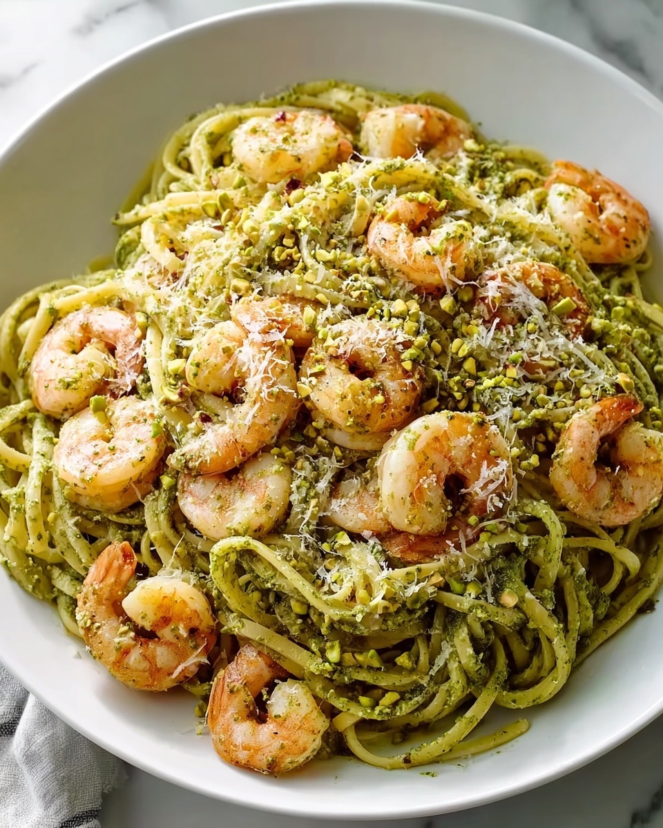 Large white bowl filled with a generous serving of linguine pasta tossed in vibrant green basil pesto sauce, topped with an abundance of plump, perfectly cooked shrimp arranged evenly throughout the dish. The pasta is garnished with freshly grated Parmesan cheese and sprinkled with crushed pistachios adding texture and color contrast. The entire dish is photographed from a 3/4 angle on a white marble countertop with natural lighting, styled like a hero shot from a food magazine, capturing the full, uncut presentation of this flavorful seafood pesto pasta. Photo taken with an iphone --ar 4:5 --v 7