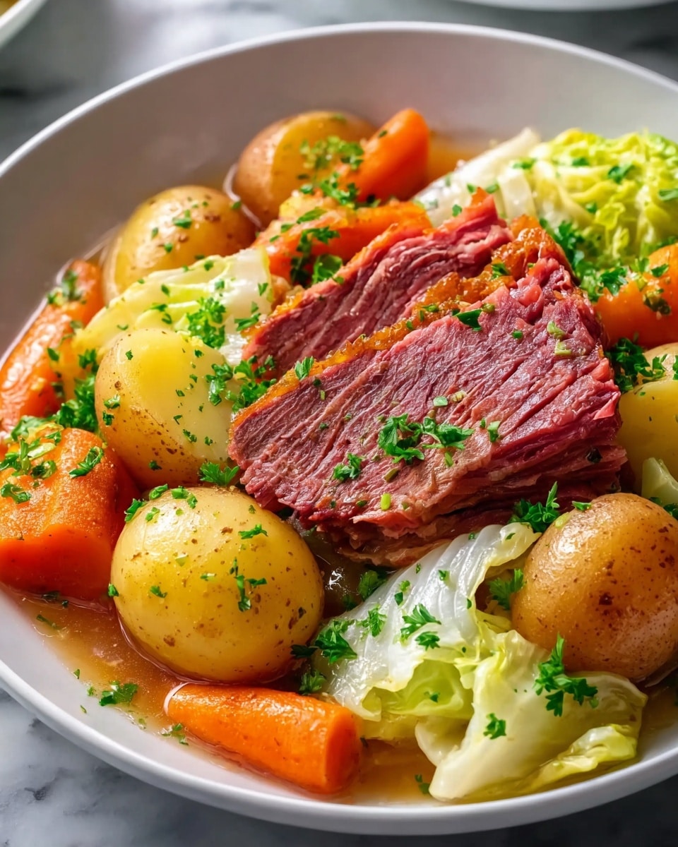 Large white serving bowl brimming with classic corned beef and cabbage stew, featuring a whole uncut slab of tender, well-seasoned corned beef surrounded by whole baby potatoes, large chunks of vibrant orange carrots, and tender cabbage wedges, all soaked in a rich, flavorful broth, garnished with fresh parsley, shot from a 3/4 angle on a white marble background with natural lighting, styled like a food magazine hero photo taken with an iphone --ar 4:5 --v 7