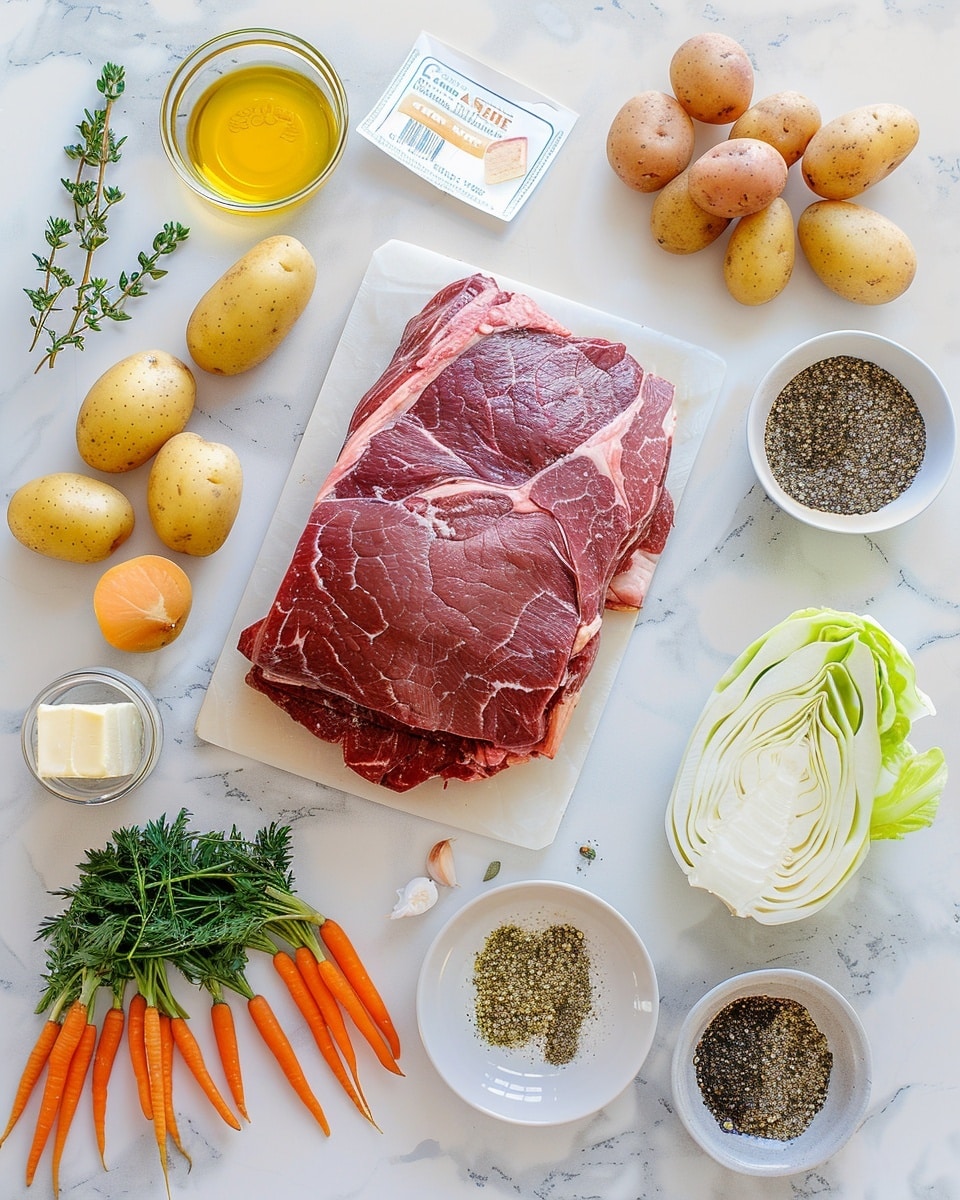 A single white plate featuring one thick, rectangular slice of pepper-crusted corned beef brisket, showing the tender, pink, marbled interior with a textured spice rub on the edges. The slice is accompanied by a few golden roasted baby potatoes, vibrant roasted carrots, and a wedge of charred green cabbage, all lightly sprinkled with fresh chopped parsley. The close-up, angled shot reveals the mouthwatering layers of meat and seasoning, set on a clean white marble surface with natural light highlighting the glistening juices and rustic finish, styled as a ready-to-eat plated serving. Photo taken with an iphone --ar 4:5 --v 7