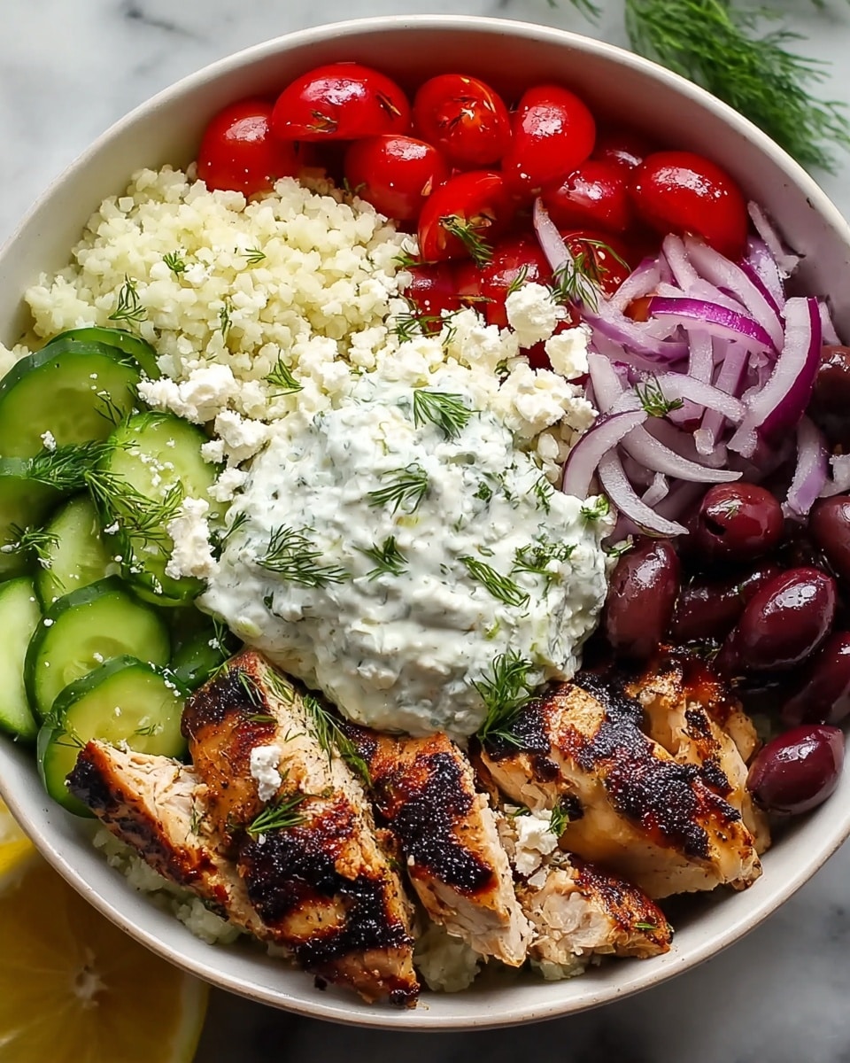 Large white bowl filled with a generous serving of Greek chicken bowl ingredients arranged in sections, featuring whole grilled chicken pieces with char marks, bright green cucumber slices, halved cherry tomatoes, deep purple Kalamata olives, crumbled feta cheese, red onion strips, fluffy cauliflower rice, and a dollop of creamy tzatziki sauce topped with fresh dill sprigs, whole dish photographed from above on a white marble countertop with natural lighting, professional food styling photo taken with an iphone --ar 4:5 --v 7