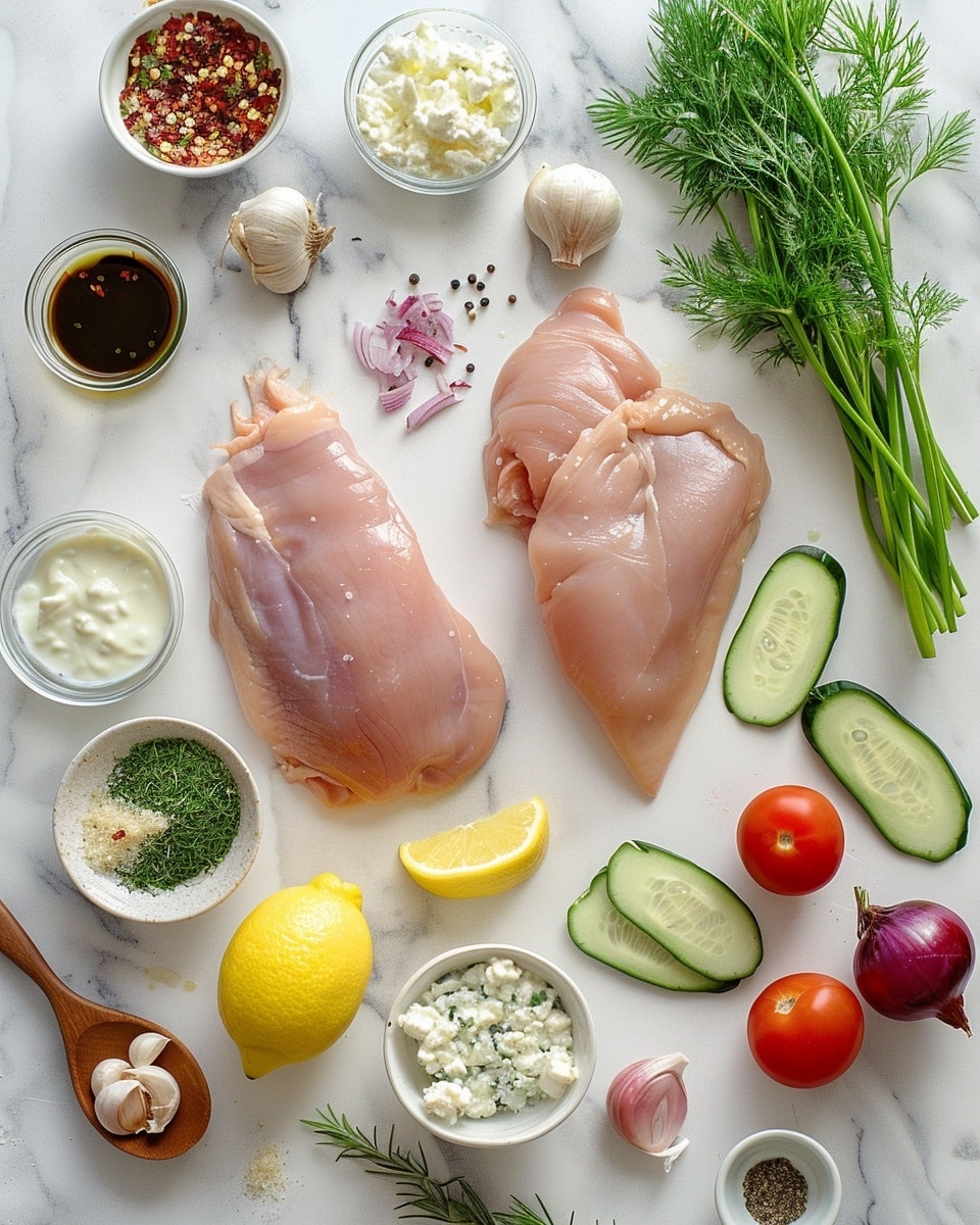 Single white bowl featuring a plated serving of grilled chicken slices with char marks sitting atop fluffy couscous mixed with crumbled feta cheese, accompanied by a dollop of creamy tzatziki sauce sprinkled with cracked black pepper and fresh dill sprigs, bright Kalamata olives, and tender roasted red onions on the side, close-up angled view revealing the juicy chicken interior and textured couscous, styled naturally on a white marble surface with soft daylight, intimate food blog style photo taken with an iphone --ar 4:5 --v 7