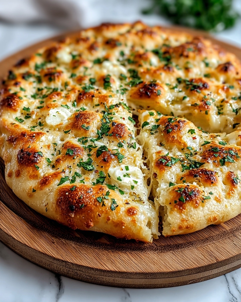 Whole uncut focaccia bread showcased on a round wooden board, featuring a beautifully golden crust with perfectly melted mozzarella cheese bubbling across the top, sprinkled generously with fresh chopped parsley and a hint of cracked black pepper and sea salt crystals, captured in a professional 3/4 angle shot against a clean white marble background under natural lighting, embodying a mouthwatering hero shot from a food magazine, photo taken with an iphone --ar 4:5 --v 7