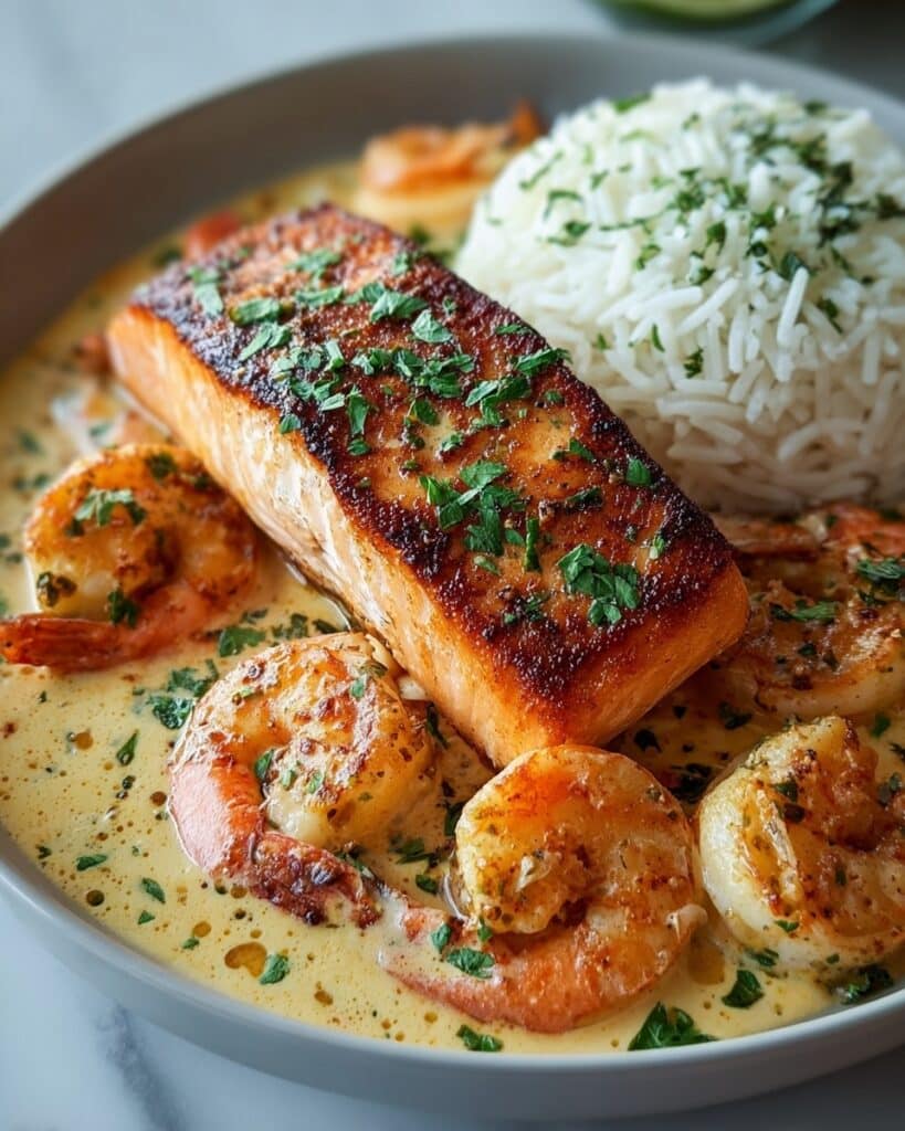 Savory Cajun Salmon and Shrimp in Creamy Spinach Sauce Recipe