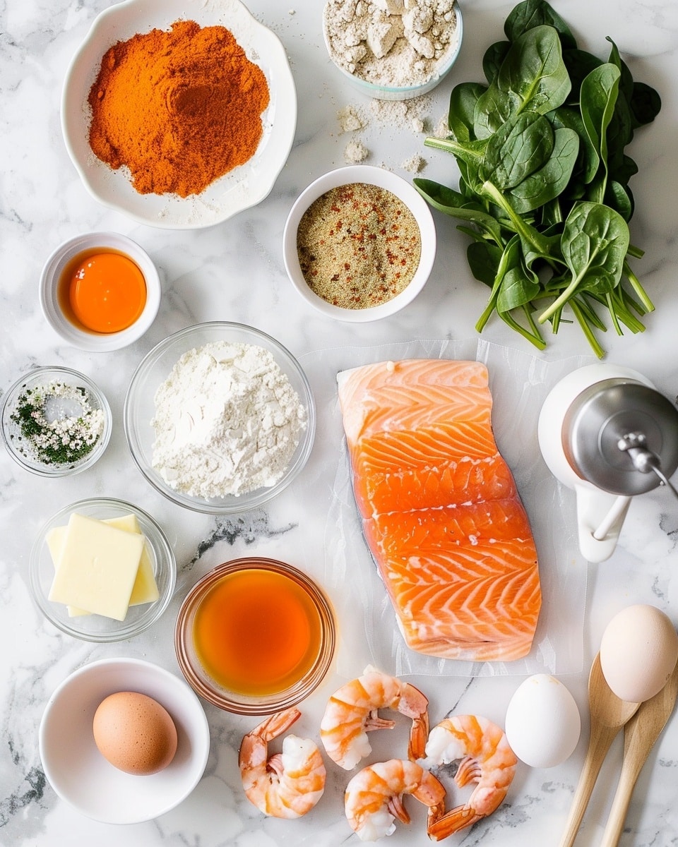 Single white plate featuring a perfectly seared salmon fillet topped with fresh chopped parsley, surrounded by plump, seasoned shrimp in a creamy, lightly spiced sauce, served alongside a neat portion of fluffy white rice garnished with herbs, close-up angled shot emphasizing the crisp salmon exterior and tender shrimp textures, natural lighting highlighting the vibrant colors and rich sauce, white marble background, intimate plated serving photo taken with an iphone --ar 4:5 --v 7