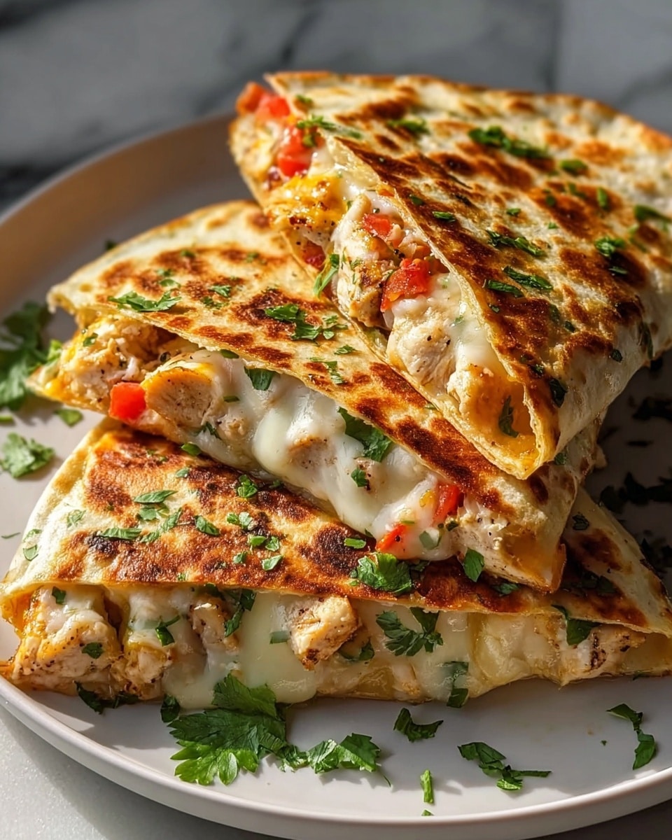 A large white plate overflowing with three whole golden-brown grilled chicken quesadillas, each bursting with melted white and cheddar cheeses, tender seasoned chicken chunks, diced tomatoes, and fresh chopped cilantro, garnished lightly with extra cilantro leaves around the plate, shot from a 3/4 angle on a white marble background, natural sunlight highlighting the crispy texture and gooey cheese, professional food magazine hero photo taken with an iphone --ar 4:5 --v 7