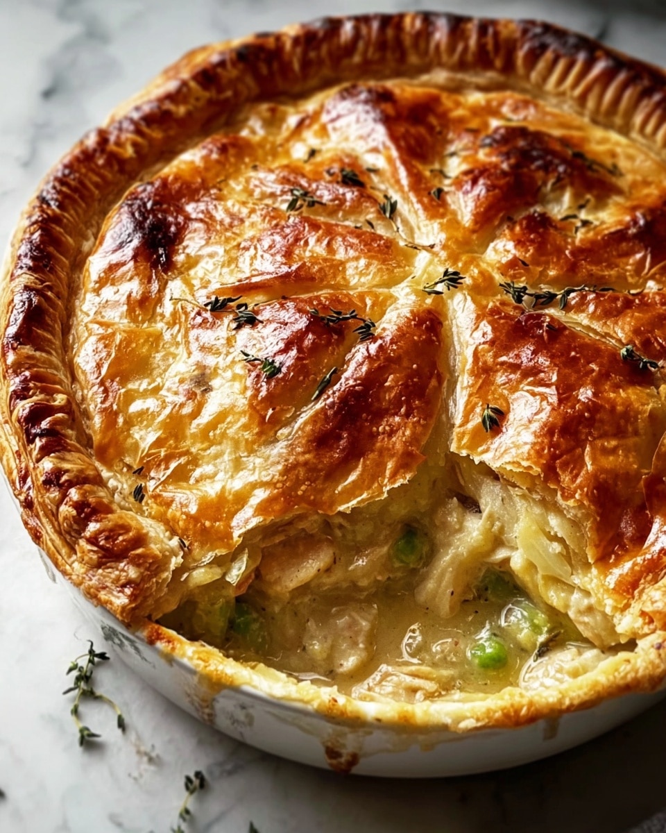 Entire chicken pot pie in a round white baking dish, golden flaky puff pastry crust perfectly baked with a shiny, crisp surface, topped with scattered fresh thyme leaves for garnish, the edges of the crust neatly crimped, showing the whole savory pie from a 3/4 angle on a white marble countertop with natural light highlighting the textures, professional food styling photo taken with an iphone --ar 4:5 --v 7