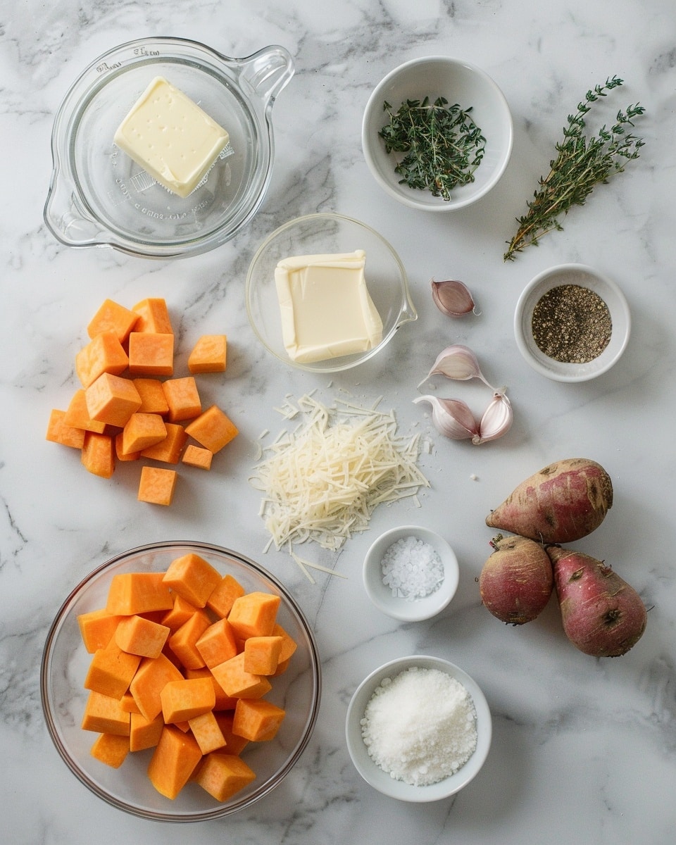 Single white oval plate featuring one plated portion of vegetable gratin with distinct layers of thinly sliced golden yellow, deep purple, and bright orange vegetables arranged in a neat fan, topped with melted, slightly browned cheese and sprinkled with fresh thyme leaves, close-up angled shot revealing the tender, creamy interior texture, placed on white marble surface with natural lighting, styled like a food blog individual serving photo taken with an iphone --ar 4:5 --v 7
