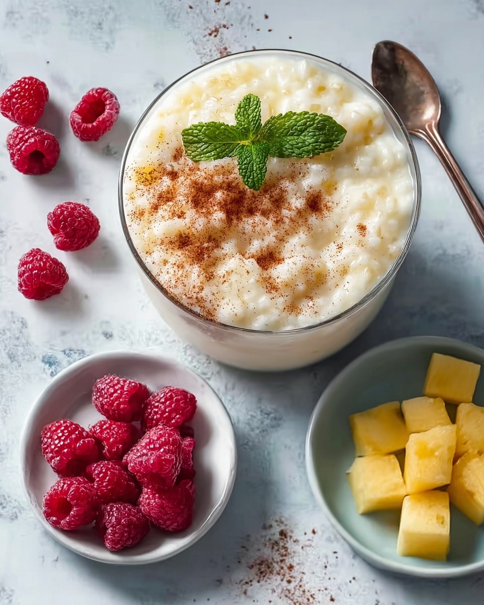 Large white bowl filled with creamy rice pudding topped with a fresh sprig of mint and a dusting of cinnamon, surrounded by small white plates holding frozen raspberries and pineapple cubes, all arranged on a white marble countertop with natural lighting, professional food magazine style photo taken with an iphone --ar 4:5 --v 7