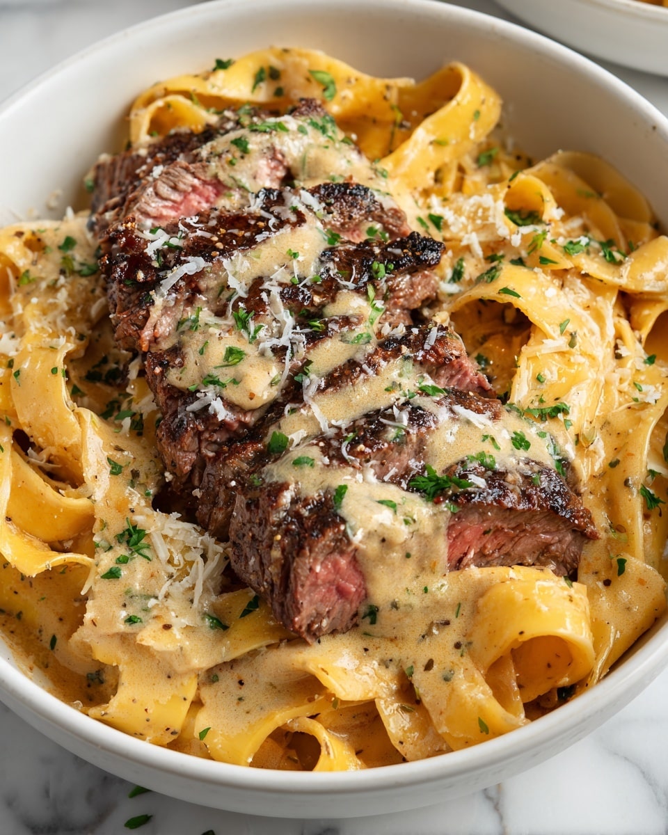 Large white serving bowl filled with creamy pappardelle pasta coated in a rich, velvety sauce, topped with a whole juicy grilled steak sliced partially to reveal its medium-rare interior, generously smothered with a luscious peppercorn cream sauce and sprinkled with freshly grated Parmesan and finely chopped parsley, whole dish photographed from above on a white marble countertop, natural lighting, professional food magazine hero shot photo taken with an iphone --ar 4:5 --v 7