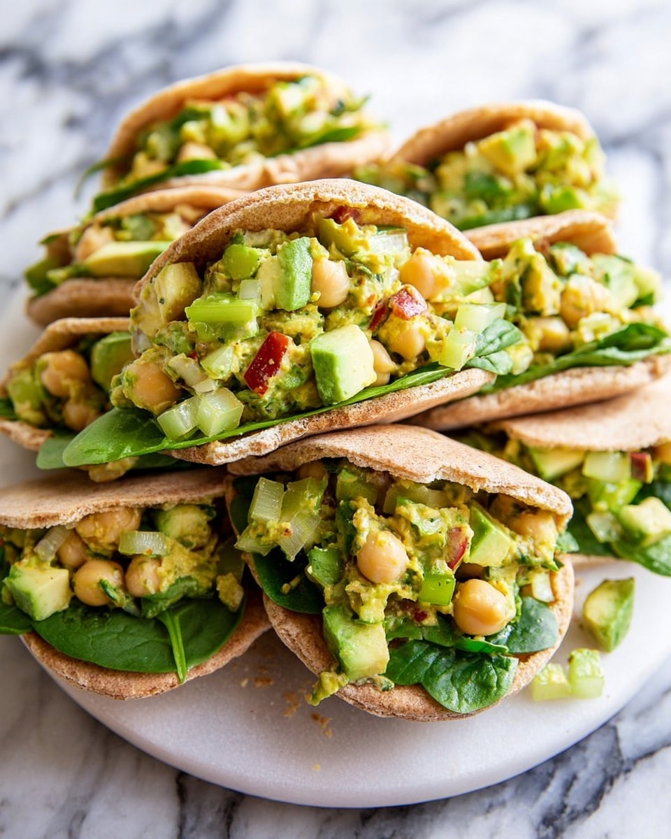 A large white plate filled with multiple neatly arranged whole pita sandwiches stuffed generously with a colorful chickpea and avocado salad mixed with diced celery, green onions, and fresh spinach leaves, showcasing fresh, vibrant green tones and a rustic, wholesome presentation, photographed from a 3/4 angle on a white marble countertop under natural lighting, styled like a hero shot from a food magazine, photo taken with an iphone --ar 4:5 --v 7