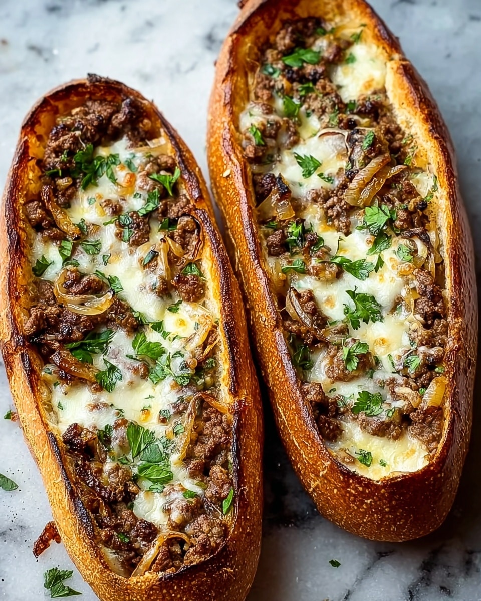 Two whole, elongated white bread loaves hollowed out and filled generously with a savory mixture of browned ground beef, sautéed onions, melted cheese, and scattered fresh parsley leaves on top. The crusts are golden and perfectly toasted, showcasing a rustic, hearty texture. The full display of both filled bread boats rests side by side on a white marble countertop, bathed in natural lighting, shot from a professional 3/4 angle to emphasize the complete presentation, like a hero dish in a gourmet food magazine. Photo taken with an iphone --ar 4:5 --v 7
