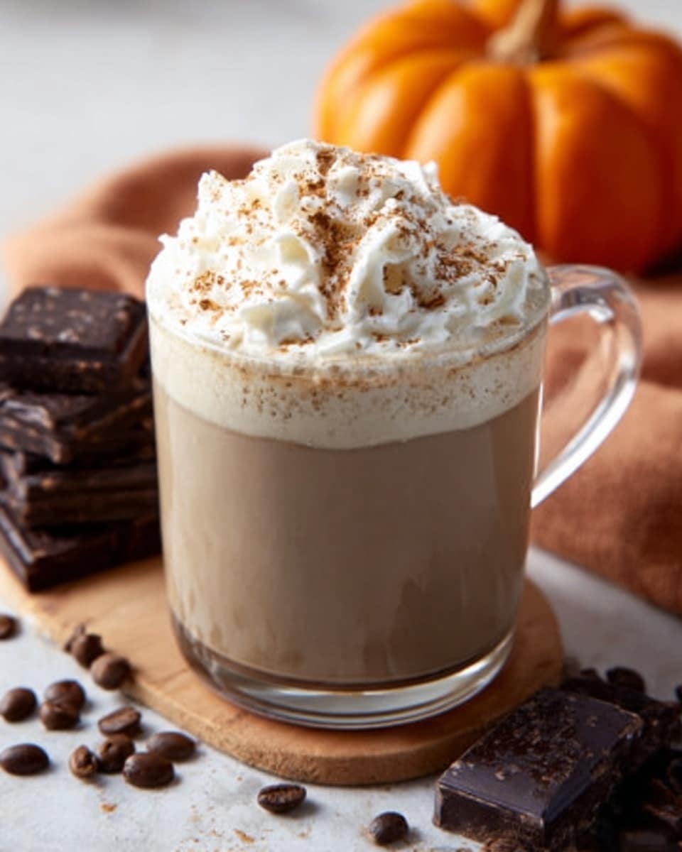 White marble countertop featuring a large white ceramic mug filled to the brim with creamy, frothy pumpkin spice latte topped generously with whipped cream sprinkled with cinnamon and nutmeg. Surrounding the mug are scattered coffee beans and chunks of rich dark chocolate, with a small decorative pumpkin in the background adding a festive autumn touch. The scene is illuminated with natural lighting, capturing a cozy, inviting atmosphere, photographed from a 3/4 angle as a professional food magazine hero shot. Photo taken with an iphone --ar 4:5 --v 7