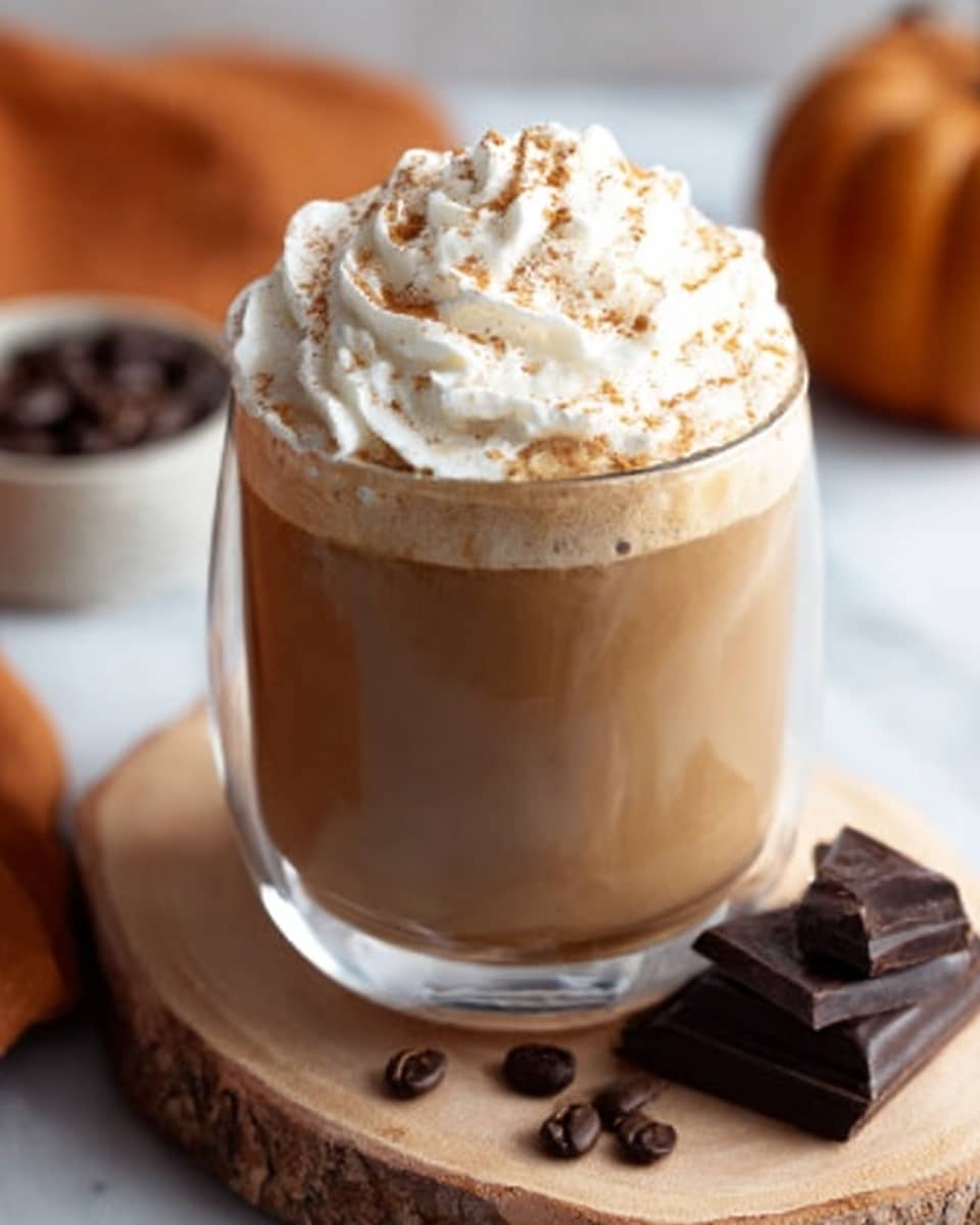 Large clear glass filled with a rich and creamy pumpkin spice latte topped generously with a swirl of whipped cream and a sprinkle of cinnamon, accompanied by whole coffee beans and pieces of dark chocolate on a natural wood surface, photographed from a 3/4 angle with natural lighting, white marble background, professional food magazine style shot, photo taken with an iphone --ar 4:5 --v 7