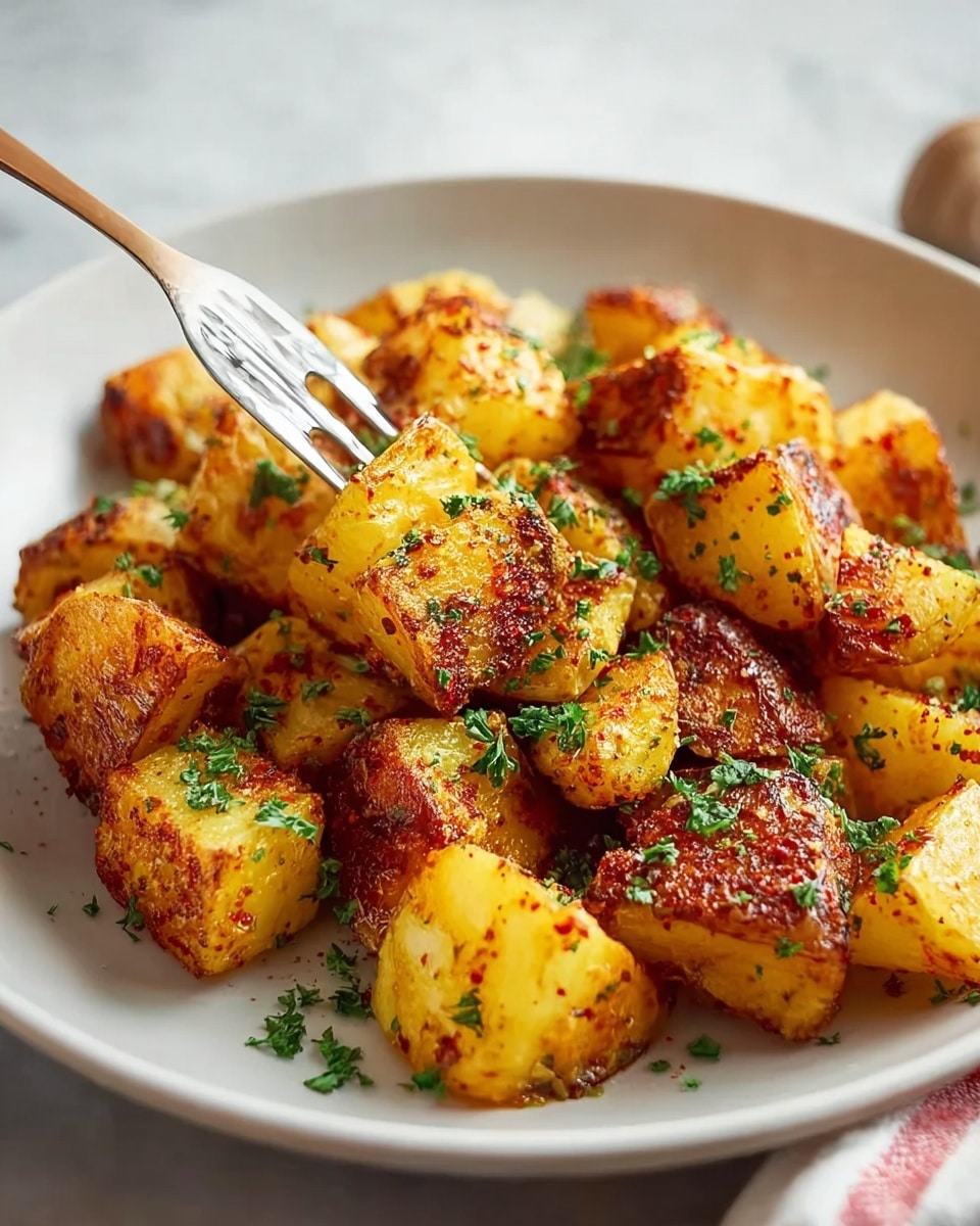 Large white serving bowl filled with a generous portion of golden, crispy roasted potato cubes seasoned with vibrant herbs and spices, garnished with finely chopped fresh parsley, all pieces whole and evenly roasted, photographed from a 3/4 angle on a white marble countertop with natural lighting, styled as a professional food magazine hero shot, photo taken with an iphone --ar 4:5 --v 7