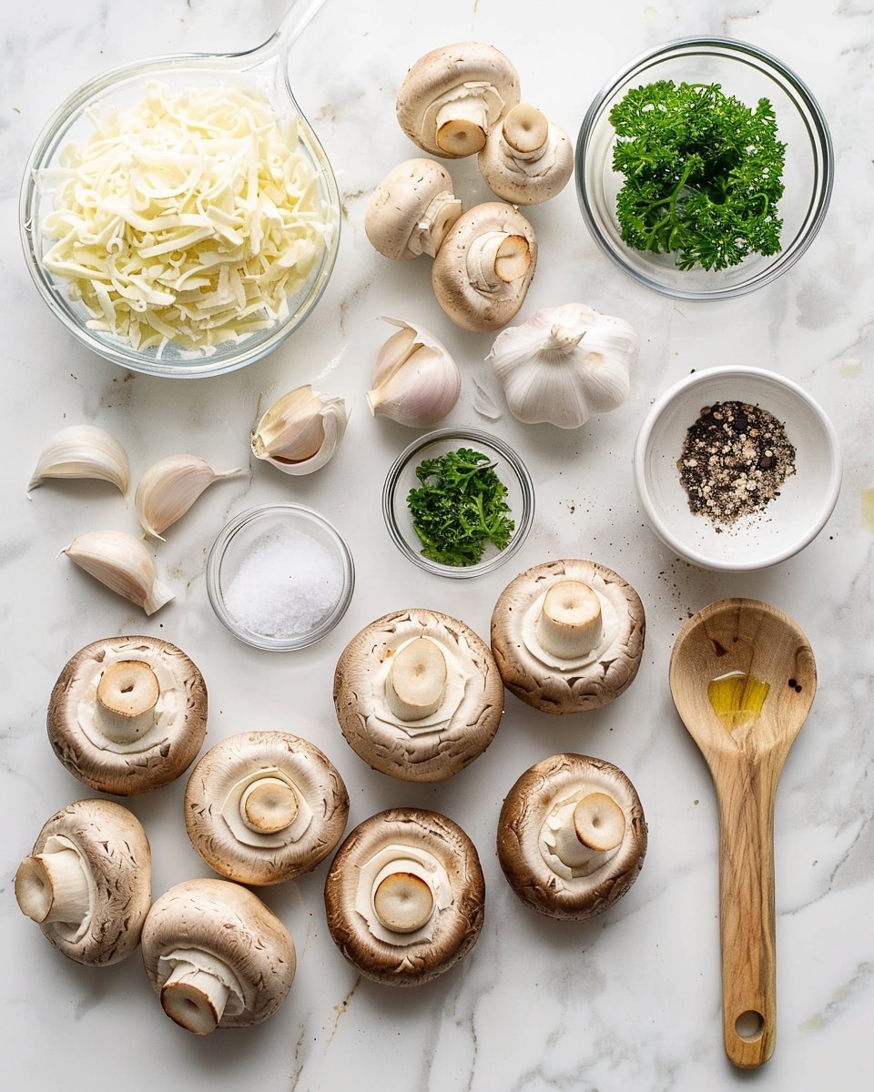 Single white round plate featuring one plump stuffed mushroom topped with a golden-browned melted cheese crust, sprinkled with fresh green herbs like thyme, close-up angled view revealing the juicy, savory mushroom cap base beneath the creamy cheese layer, resting on a drizzled bed of herby melted cheese sauce, displayed on a white marble surface with natural lighting, styled like a food blog individual serving, photo taken with an iphone --ar 4:5 --v 7