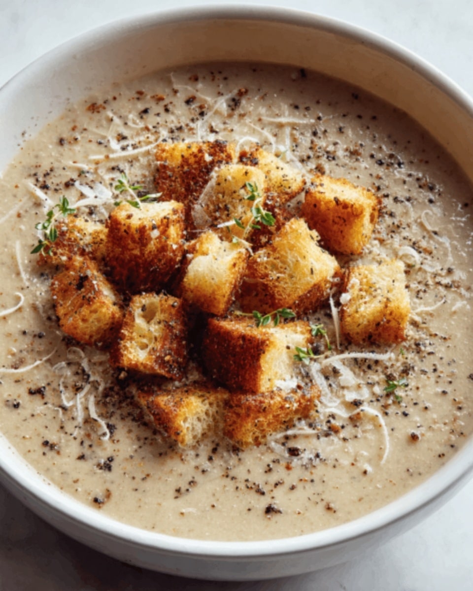 A large white serving bowl filled with creamy mushroom soup, garnished with a generous pile of golden, crispy croutons, sprinkled with freshly cracked black pepper and a light dusting of grated Parmesan cheese, the whole dish captured from a professional 3/4 angle on a white marble countertop with natural lighting, styled like a hero shot from a food magazine, photo taken with an iphone --ar 4:5 --v 7