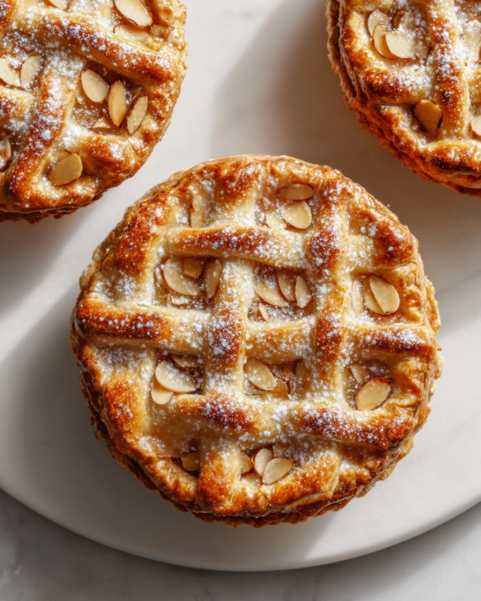 Two whole, golden-brown lattice-topped almond pies presented on a pristine white plate, each pie perfectly round with beautifully crimped edges, sprinkled with sliced toasted almonds and a light dusting of powdered sugar that adds a delicate shine, arranged side by side on a white marble surface with natural lighting highlighting the flaky crust texture, styled in a professional food magazine hero shot, photo taken with an iphone --ar 4:5 --v 7