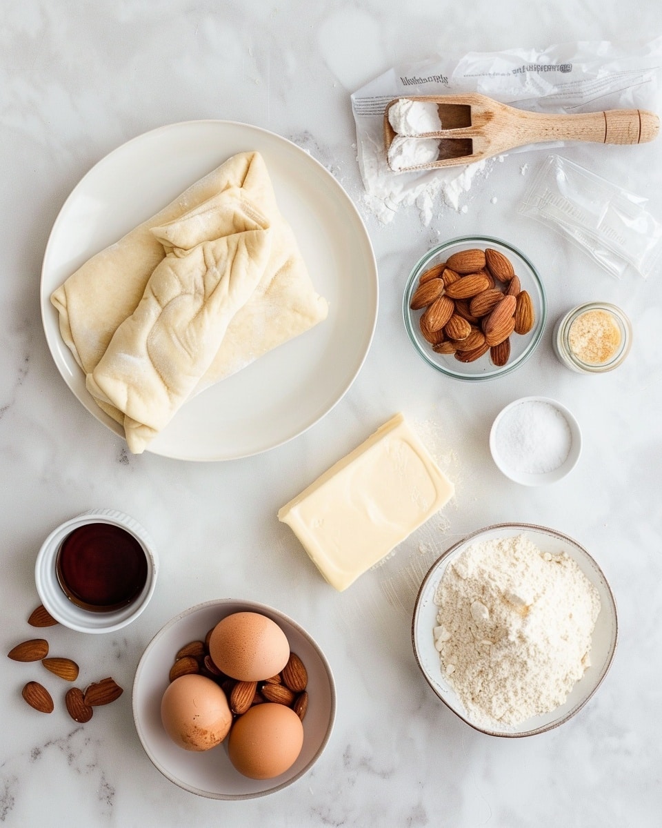 Single white plate displaying one golden-brown lattice almond tart slice, revealing a moist almond filling with a delicate crumb texture inside, topped with sliced toasted almonds and a light dusting of powdered sugar, close-up angled shot emphasizing the flaky crust layers and rich interior, natural lighting on a white marble surface, styled like a refined food blog serving, photo taken with an iphone --ar 4:5 --v 7