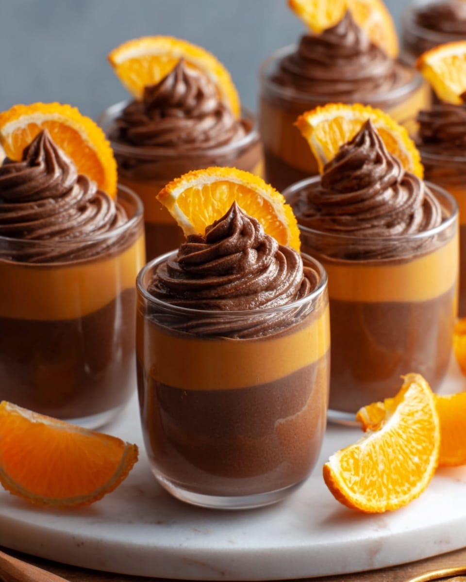 A white serving tray displaying a complete set of layered chocolate and orange mousse desserts in clear glass cups, each topped with a generous swirl of rich chocolate cream and garnished with a vibrant orange slice. The glasses are symmetrically arranged to showcase the smooth, distinct layers of bright orange and dark chocolate mousse, with a few fresh orange segments artfully placed around the tray. The scene is lit with natural light on a white marble background, photographed from a 3/4 angle to capture the full array of desserts in a professional food magazine style. Photo taken with an iphone --ar 4:5 --v 7
