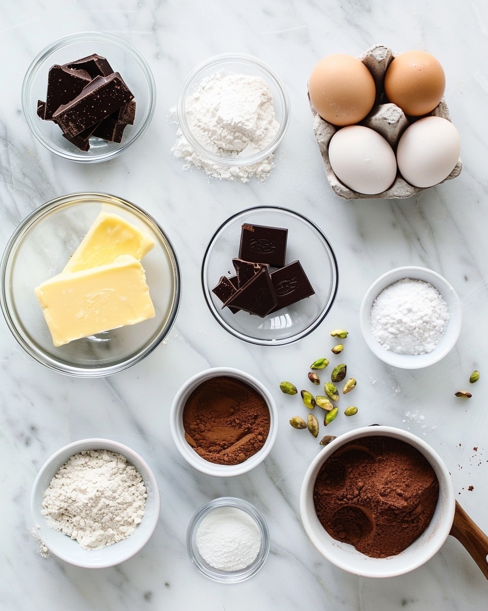 Single slice of layered chocolate dessert with a rich dark chocolate cake base, a thick creamy pale green pistachio or matcha layer, and a glossy dark chocolate ganache topping, garnished with fresh blueberries, a strawberry half, and mint leaves on top, served on a white plate with a light dusting of green powder and scattered pistachio nuts, close-up angled shot highlighting the distinct interior layers and moist texture, natural lighting on a white marble background, intimate styled food blog presentation photo taken with an iphone --ar 4:5 --v 7