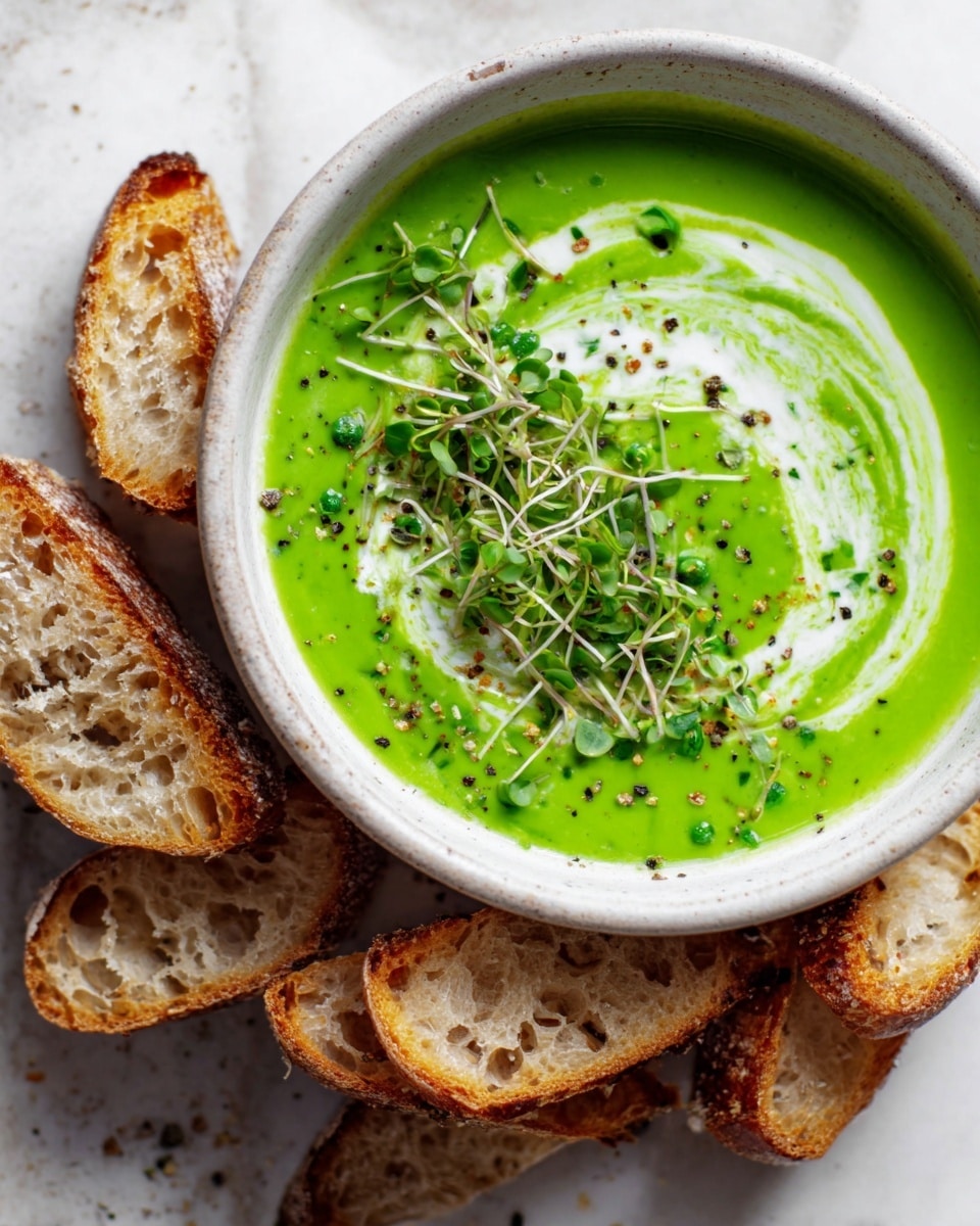 Large white bowl filled with vibrant green pea soup, garnished with a swirl of cream, fresh sprouts, and crushed pepper, accompanied by several rustic slices of crusty bread arranged around the bowl, presented on a white marble surface with natural lighting, captured at a professional 3/4 angle like a hero shot from a food magazine, photo taken with an iphone --ar 4:5 --v 7
