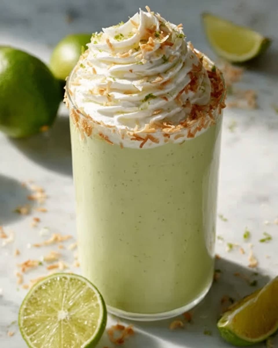 Tall white glass filled with a whole, creamy avocado smoothie topped generously with swirls of whipped cream, sprinkled with toasted coconut flakes and lime zest, garnished with a full lime wheel on the rim, presented on a white marble countertop with natural lighting, professional food magazine hero shot photo taken with an iphone --ar 4:5 --v 7