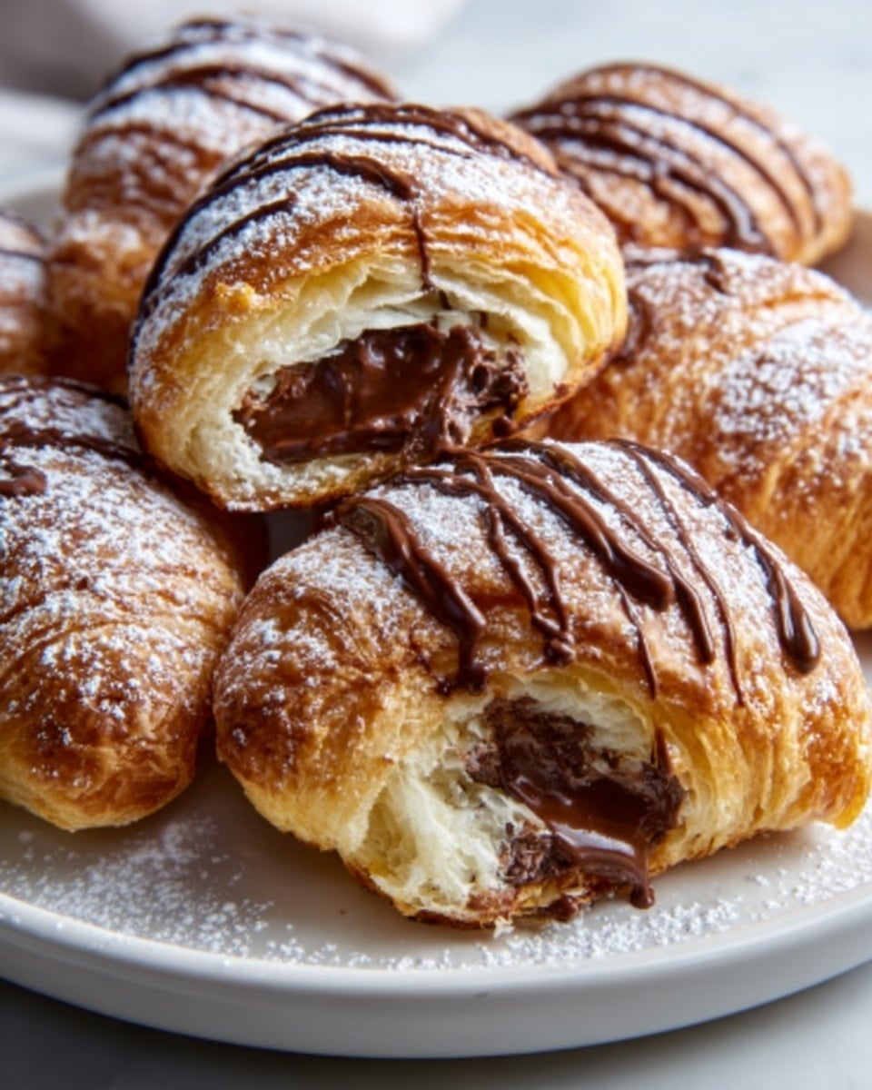 A large white plate showcasing a whole batch of freshly baked chocolate-filled croissants, with perfectly golden, flaky pastry glistening under natural light. The croissants are generously drizzled with rich chocolate sauce and lightly dusted with powdered sugar to highlight their texture. The scene is styled on a white marble countertop, with a professional 3/4 angle shot capturing the entire collection as an inviting, complete presentation. Photo taken with an iphone --ar 4:5 --v 7