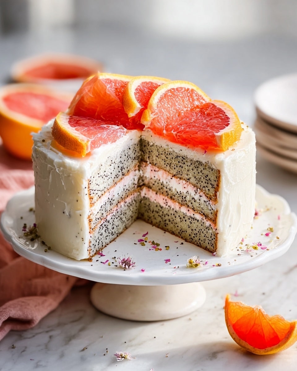 Whole round poppy seed layer cake with creamy white frosting, evenly coated and topped with whole slices of fresh grapefruit, showing the entire uncut cake with speckled poppy seeds scattered on the smooth frosting surface, presented on a large white ceramic cake stand set on a white marble countertop, natural lighting highlighting the vibrant colors and textures, professional food magazine style photo taken with an iphone --ar 4:5 --v 7