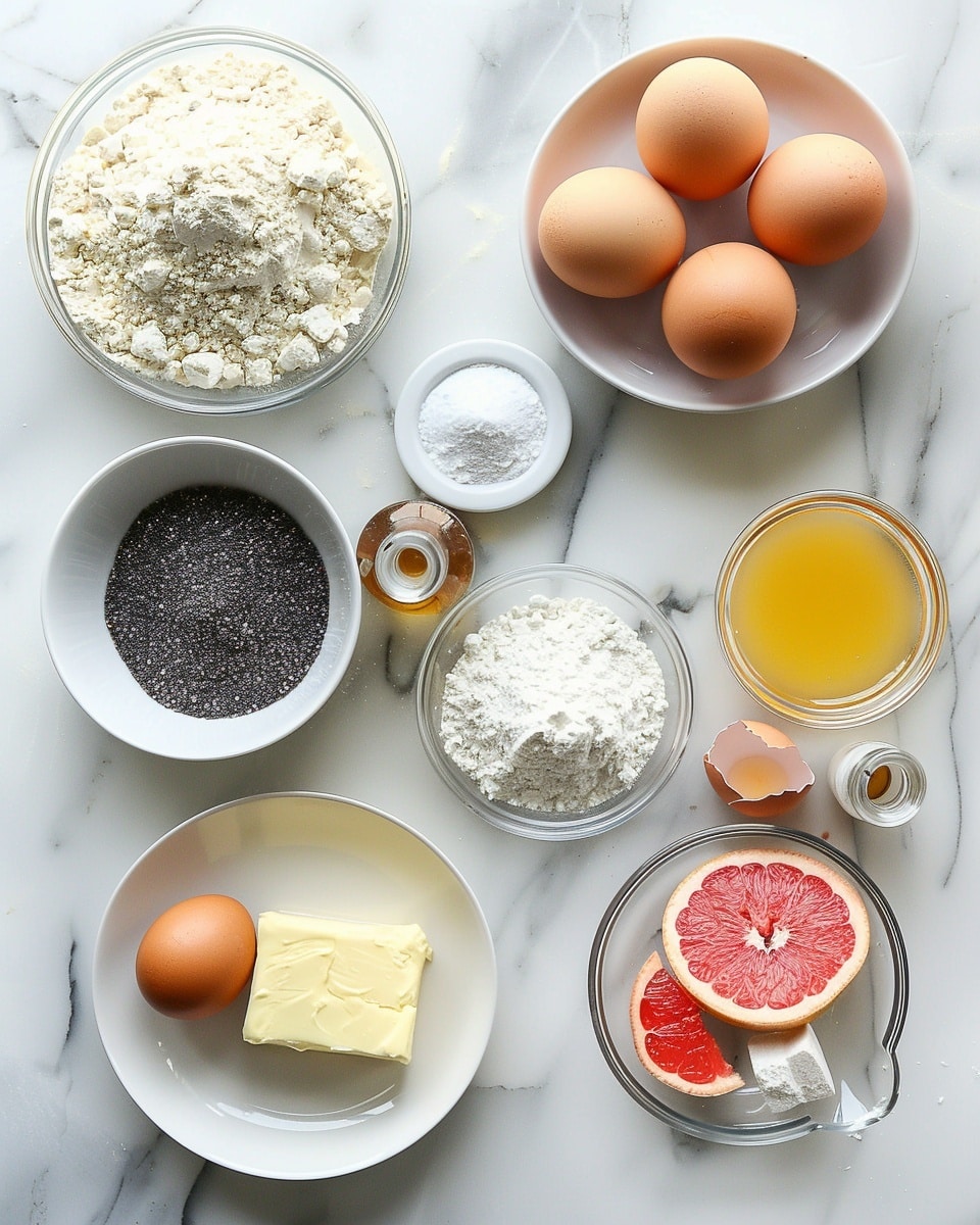 Single white plate holding a single slice of multi-layer grapefruit cake showcasing distinct layers of light yellow sponge cake, creamy white frosting, and vibrant pink grapefruit segments studded with tiny poppy seeds, the slice angled to highlight the moist texture and fresh citrus filling inside, accompanied by thin grapefruit slices and edible flowers delicately arranged around the plate, illuminated by natural soft light over a white marble background, styled like an elegant food blog presentation, photo taken with an iphone --ar 4:5 --v 7