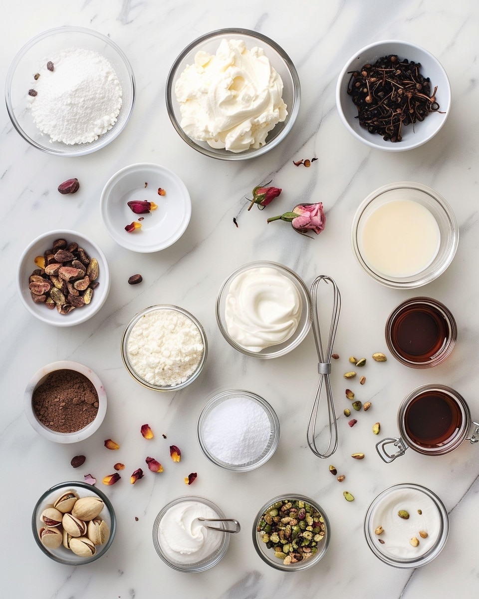 Single slice of delicate layered cake on a white plate, revealing soft, airy sponge layers and creamy pink frosting with a dusting of cocoa powder on top, garnished with fresh pink and white rose petals and small golden crumble pieces, close-up angled shot showcasing the smooth texture of the frosting and the lightness of the cake, all placed on a white marble background with natural lighting, styled like a food blog individual serving photo taken with an iphone --ar 4:5 --v 7