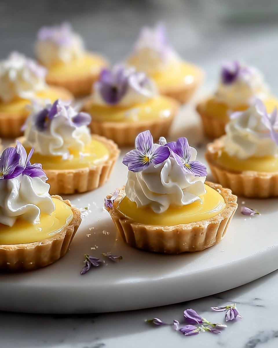 Large white serving platter filled with an array of whole individual lemon tarts, each tart featuring a golden buttery crust filled with smooth lemon curd, topped with dollops of whipped cream and delicate purple edible flowers, arranged neatly to showcase the full selection of tarts, photographed from a 3/4 angle on a white marble countertop with natural lighting, professional food styling, photo taken with an iphone --ar 4:5 --v 7