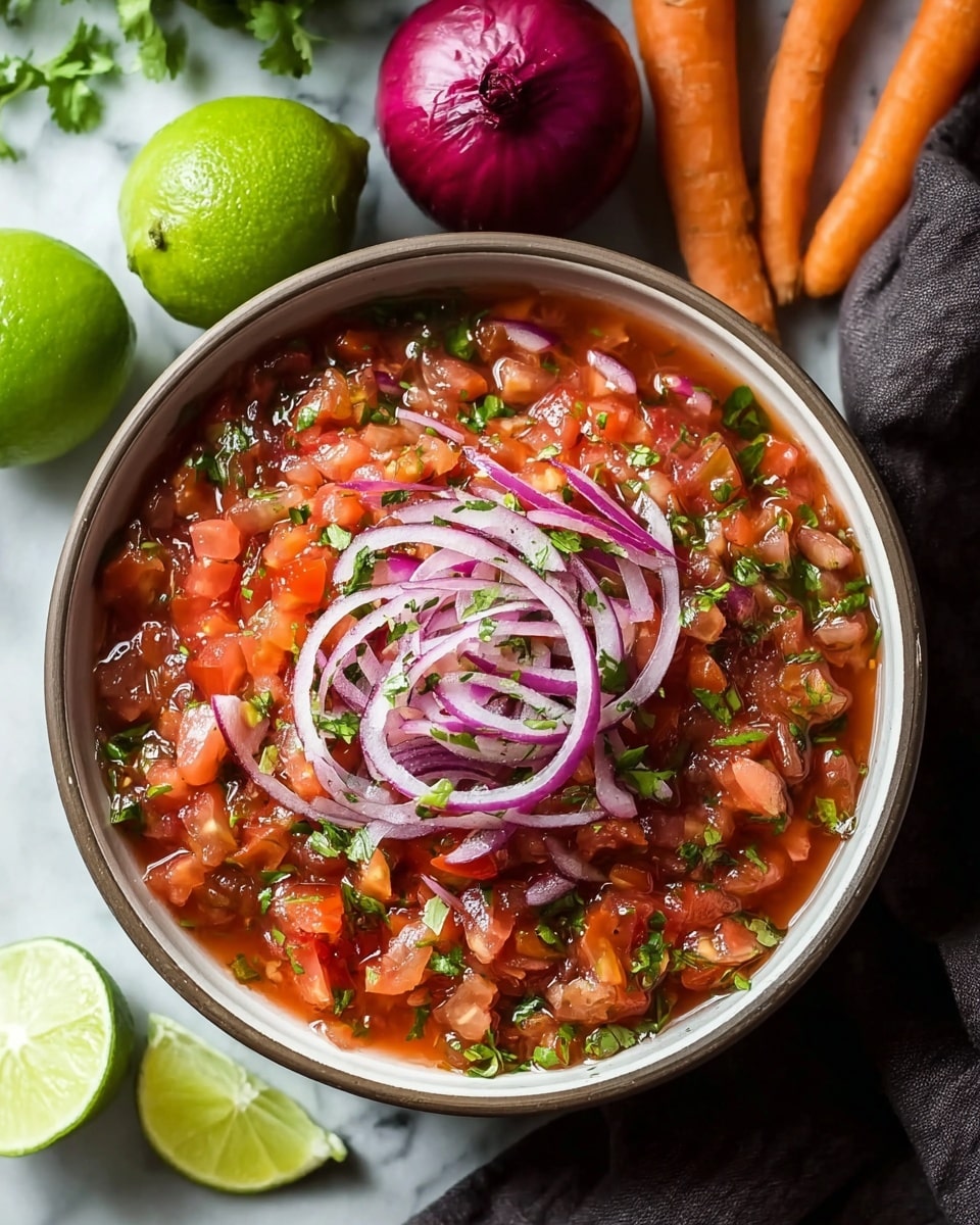 Large white bowl filled with vibrant, fresh tomato salsa topped generously with thinly sliced red onions and finely chopped cilantro, showcasing a bright and chunky texture with visible pieces of tomato and herbs, surrounded by whole limes, carrots, and red onions on a white marble background, captured with natural lighting from a 3/4 angle, professional food magazine hero shot, photo taken with an iphone --ar 4:5 --v 7