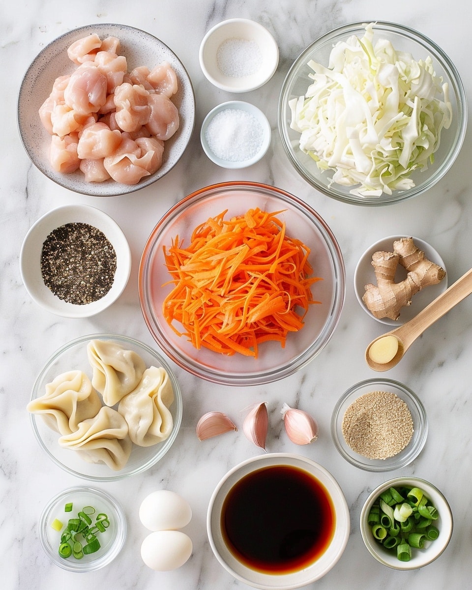 Single white plate featuring a close-up of three golden-brown pan-fried dumplings arranged neatly beside a small glass bowl of dark soy dipping sauce sprinkled with sesame seeds and red chili flakes, the dumplings garnished with thin slices of fresh green scallions, delicate pleats visible on the translucent skin revealing the savory filling inside, steam gently rising, set on a white marble surface with natural soft lighting, intimate plated serving photo taken with an iphone --ar 4:5 --v 7