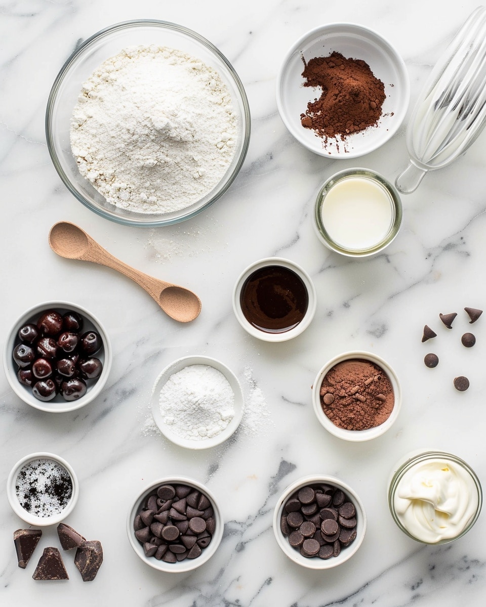 Single white plate featuring one slice of rich chocolate cake with glossy dark ganache coating the top, revealing moist layers filled with vibrant cherry jam and bits of fruit inside, garnished with a whole fresh cherry on top and a halved cherry beside it, close-up angled shot emphasizing the textured cake crumb and shiny filling, natural lighting on white marble surface, styled like a food blog individual serving photo taken with an iphone --ar 4:5 --v 7