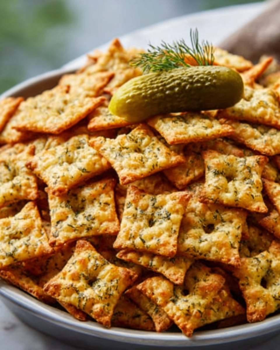 A large white bowl overflowing with a generous heap of golden, crispy square crackers flecked with visible green herbs, each cracker perfectly baked to a crunchy texture, topped with a single small whole dill pickle placed on top as garnish, all arranged beautifully to emphasize abundance and inviting snack appeal, shot from a 3/4 angle on a pristine white marble surface with natural lighting highlighting the texture and color contrast, professional food magazine hero presentation, photo taken with an iphone --ar 4:5 --v 7