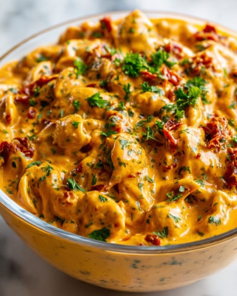 Large white ceramic bowl filled with creamy, vibrant orange pasta dish generously mixed with sun-dried tomatoes, finely chopped herbs, and melted cheese, showcasing the thick, rich sauce coating every piece of pasta, garnished with fresh parsley on top, the entire bowl seen clearly in a professional 3/4 angle shot on a white marble countertop with natural lighting, styled like a food magazine hero shot, photo taken with an iphone --ar 4:5 --v 7