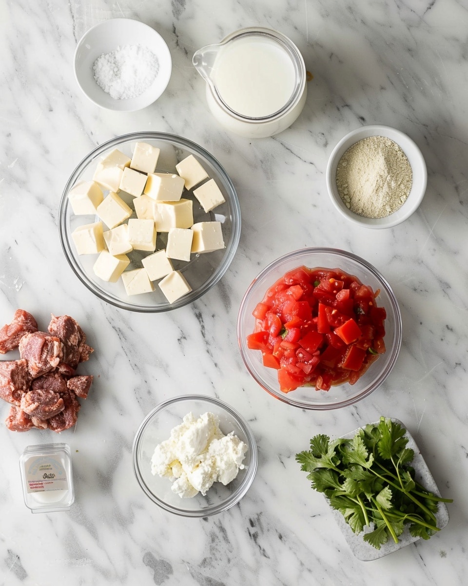 Single white bowl filled with a creamy, thick cheese dip loaded with visible chunks of red peppers and herbs, close-up angle showing the smooth texture dotted with finely chopped parsley and spices, garnished with a sprig of fresh parsley on top, resting on a white marble surface, natural light enhancing the rich golden color of the dip, intimate plated serving photo taken with an iphone --ar 4:5 --v 7