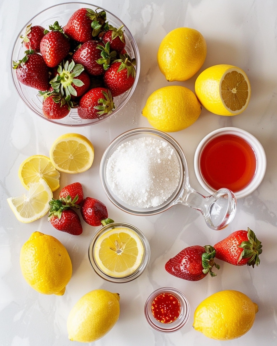 Single white tall glass holding one serving of fresh strawberry lemonade with visible crushed strawberry pulp settled at the bottom, ice cubes floating on top, garnished with a plump strawberry on the glass rim, close-up angled shot highlighting condensation droplets and textured fruit bits, placed on a white marble surface bathed in natural light, styled like a refreshing food blog drink photo taken with an iphone --ar 4:5 --v 7