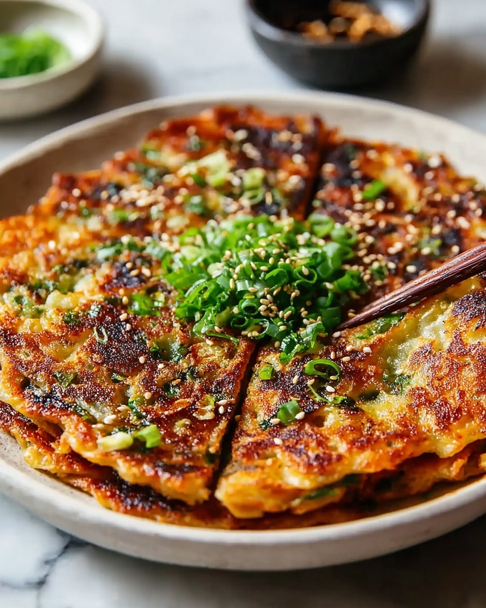 Large white ceramic plate showcasing a whole, golden-brown Korean pancake (pajeon) with a crispy, textured surface speckled with chopped green onions and sesame seeds, garnished with fresh chopped chives at the center, all captured in a professional 3/4 angle shot on a white marble background with natural lighting, emphasizing the entire dish as a hero food magazine style photo taken with an iphone --ar 4:5 --v 7