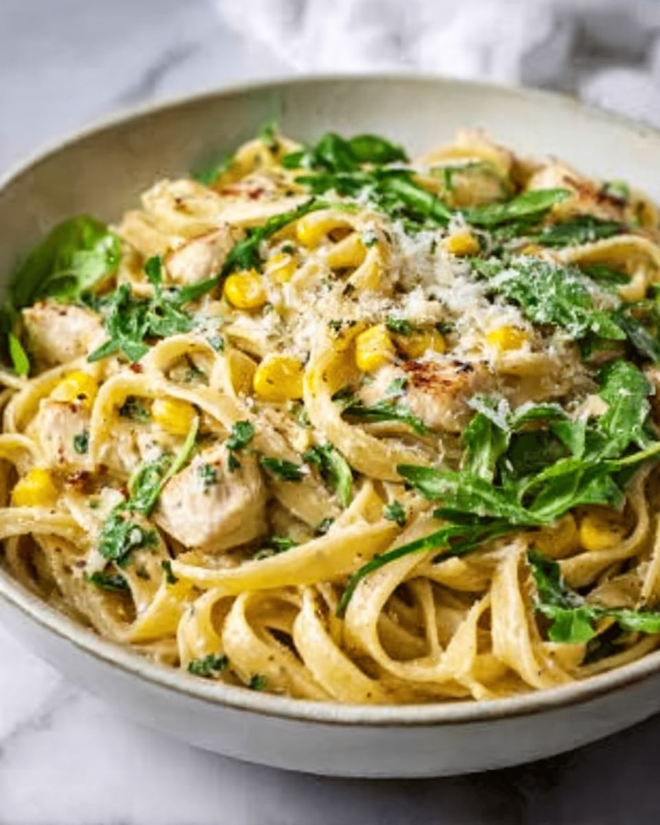 Large white bowl filled with a generous serving of creamy fettuccine pasta richly coated in a savory sauce, tossed with tender pieces of cooked chicken, golden roasted corn kernels, and fresh green arugula leaves, garnished with a sprinkle of grated cheese and herbs, photographed from a 3/4 angle on a white marble background with natural lighting, styled as a complete and inviting dish, photo taken with an iphone --ar 4:5 --v 7