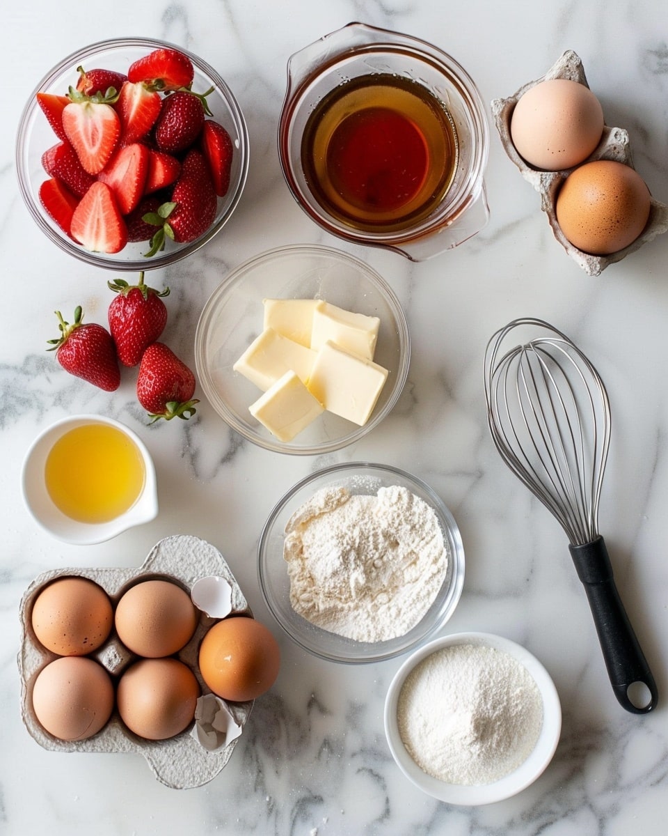 Single white plate holding one thick slice of fluffy Dutch baby pancake topped with glistening fresh strawberries and vibrant berry compote, a dusting of powdered sugar highlighting the rich red colors and a dollop of creamy whipped topping partially melting into the luscious fruit, angled close-up revealing the golden puffed edges and the soft, airy interior texture of the pancake, set on a white marble surface with natural light emphasizing the contrast between the warm pancake and bright berries, styled like a cozy food blog serving, photo taken with an iphone --ar 4:5 --v 7