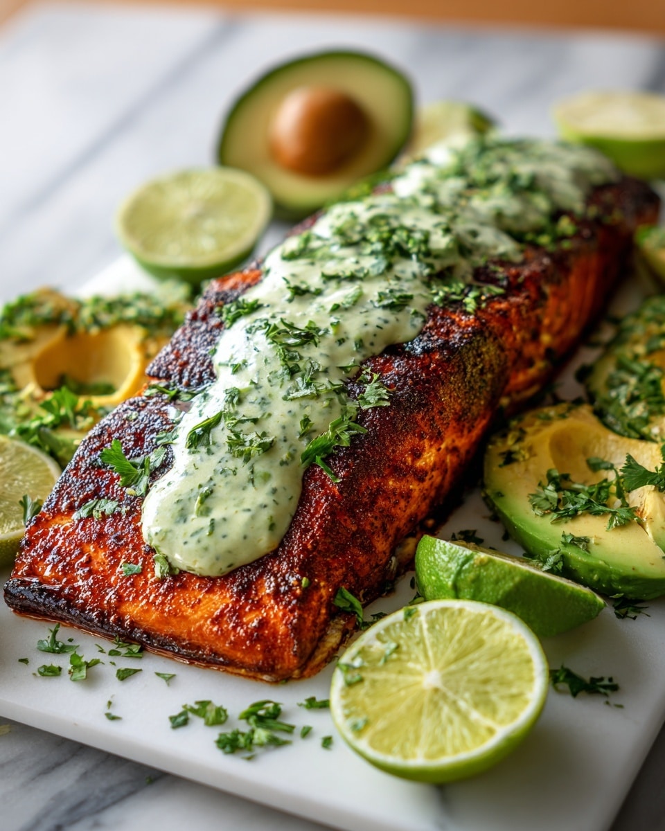 A large white rectangular platter showcasing a whole perfectly blackened salmon fillet, richly seasoned and cooked to a crispy, caramelized exterior, topped generously with creamy herb sauce speckled with fresh chopped parsley, accompanied by several halved ripe avocados and lime wedges artistically arranged around the salmon, all set on a white marble countertop with natural lighting highlighting the vibrant colors and textures, professional food styling, photo taken with an iphone --ar 4:5 --v 7