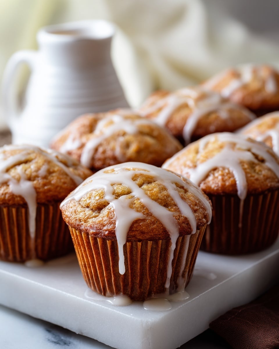 Large white rectangular tray filled with a dozen freshly baked banana muffins topped with a creamy white glaze dripping slightly down their golden, moist textured tops, arranged neatly in rows, accompanied by a small white jug in the background on a white marble surface, captured in natural light with professional food styling, whole dish photographed from a 3/4 angle to showcase all muffins in frame, photo taken with an iphone --ar 4:5 --v 7